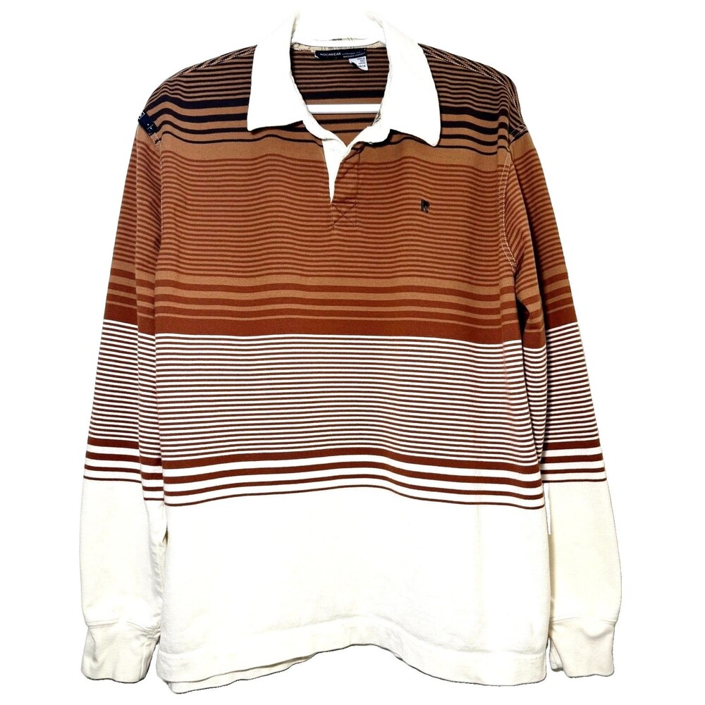 Rocawear Rugby Shirt Mens XL Brown Cream Striped Long Sleeve Cotton Y2K
